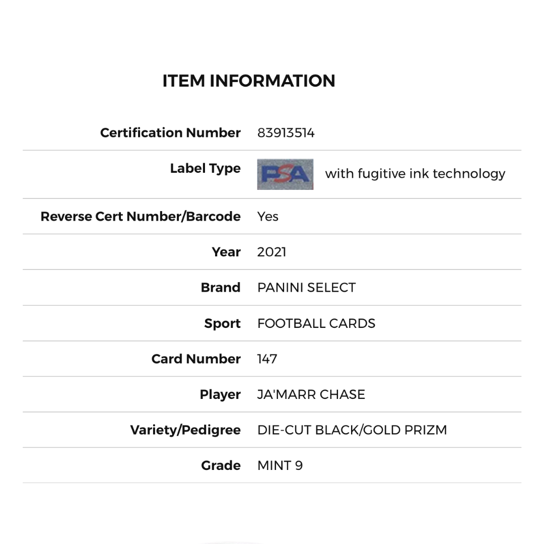 Ja’Marr Chase 2021 Panini Select Die-Cut Black/Gold Prizm Premier Level PSA MINT 9 ROOKIE RC #147
