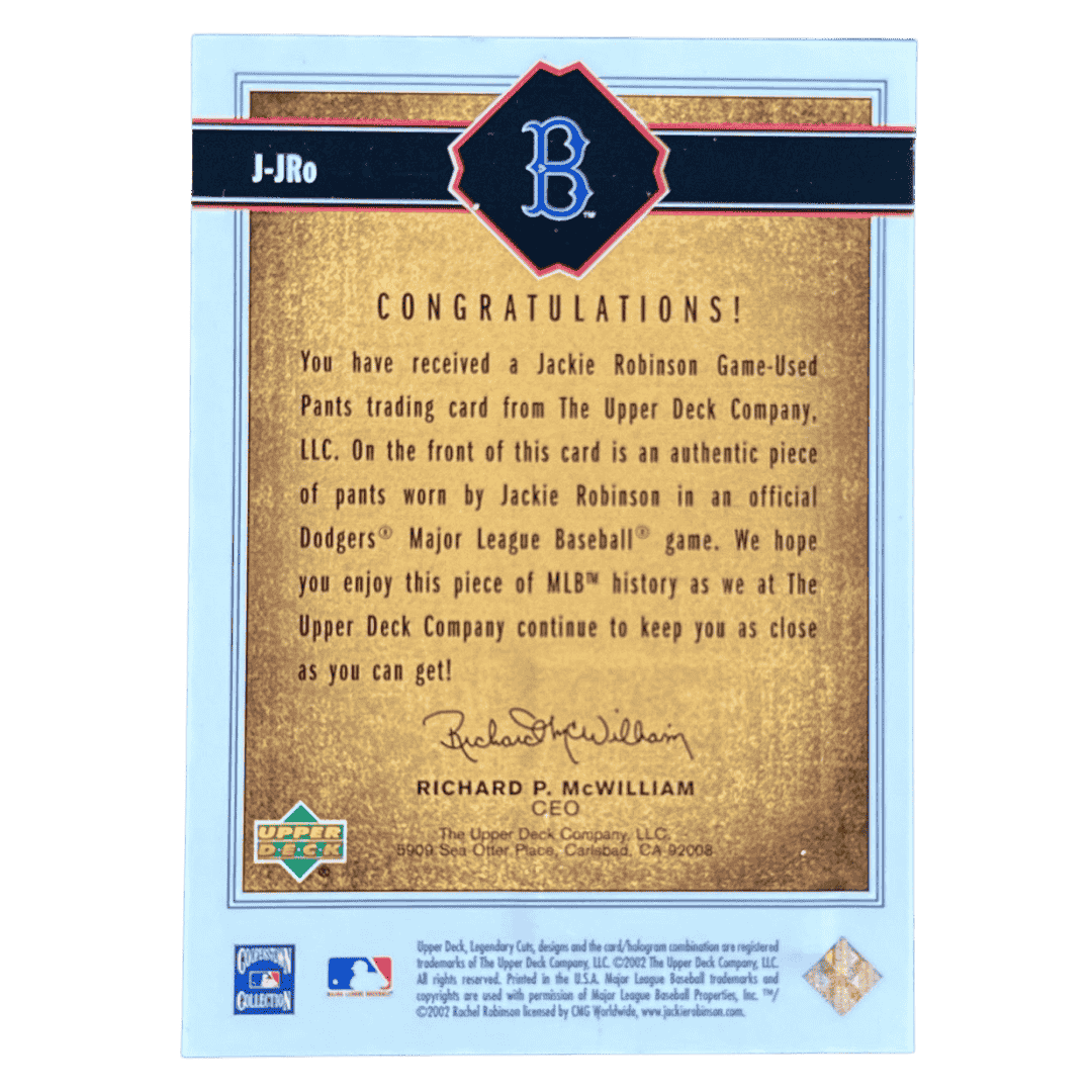 Jackie Robinson 2002 Upper Deck SP Legendary Cuts Game Used Patch Card #J-JRo