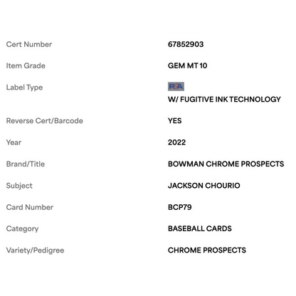 Jackson Chourio PSA 10 2022 Topps Bowman Chrome Prospects Card #BCP79
