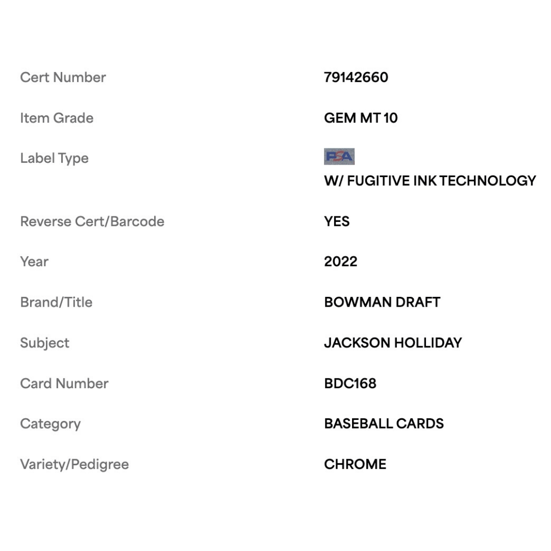 Jackson Holliday PSA 10 2022 Bowman Draft Chrome Card #BDC168