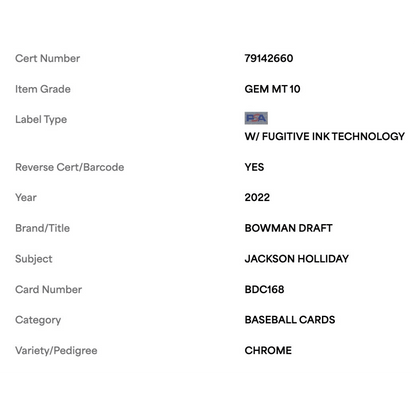 Jackson Holliday PSA 10 2022 Bowman Draft Chrome Card #BDC168