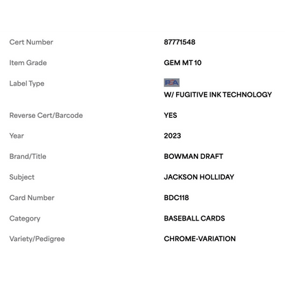 Jackson Holliday PSA 10 2023 Topps Bowman Draft Chrome SP Card #BDC118