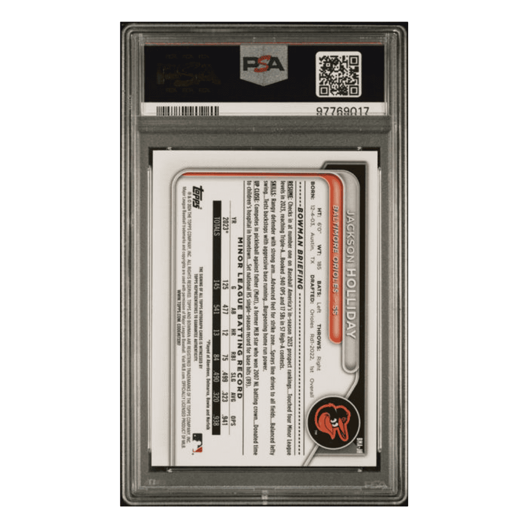 Jackson Holliday PSA 10 2024 Bowman Mega Box Chrome Prospect Autograph Green #d/99 Card #JH