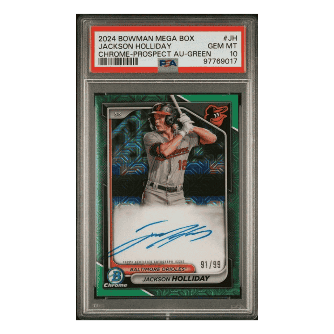 Jackson Holliday PSA 10 2024 Bowman Mega Box Chrome Prospect Autograph Green #d/99 Card #JH