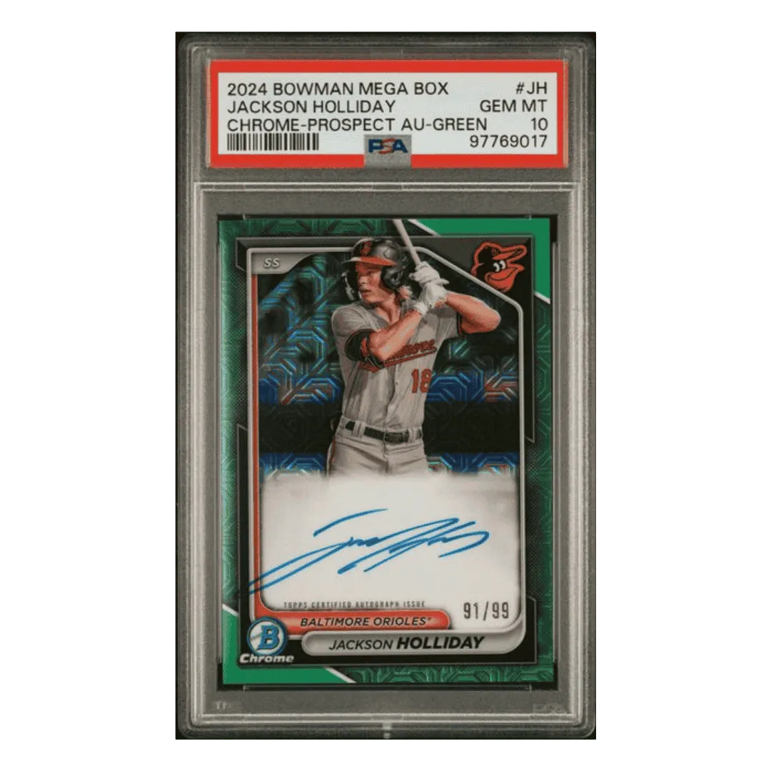 Jackson Holliday PSA 10 2024 Bowman Mega Box Chrome Prospect Autograph Green #d/99 Card #JH