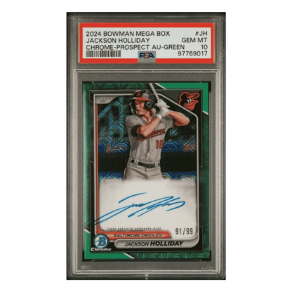 Jackson Holliday PSA 10 2024 Bowman Mega Box Chrome Prospect Autograph Green #d/99 Card #JH