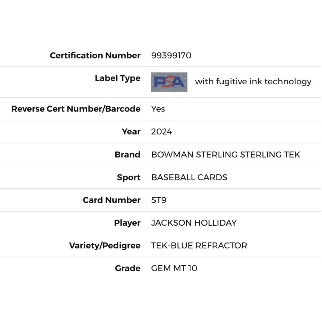 Jackson Holliday PSA 10 2024 Bowman Sterling Tek-Blue Refractor #d/25 Card #ST9
