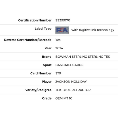 Jackson Holliday PSA 10 2024 Bowman Sterling Tek-Blue Refractor #d/25 Card #ST9