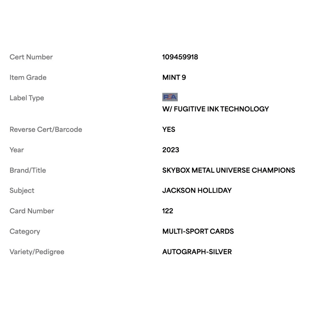 Jackson Holliday PSA 9 2023 Skybox Metal Universe Champions Autograph Silver Card #122