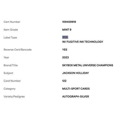 Jackson Holliday PSA 9 2023 Skybox Metal Universe Champions Autograph Silver Card #122