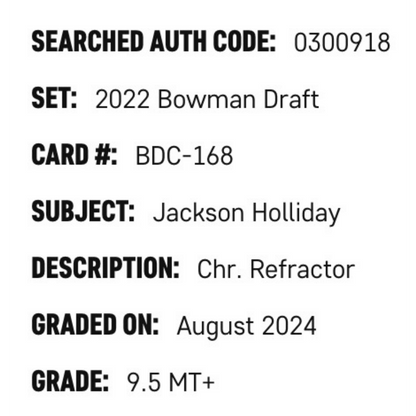 Jackson Holliday SGC 9.5 2022 Bowman Draft Chrome Refractor Card #BDC-168