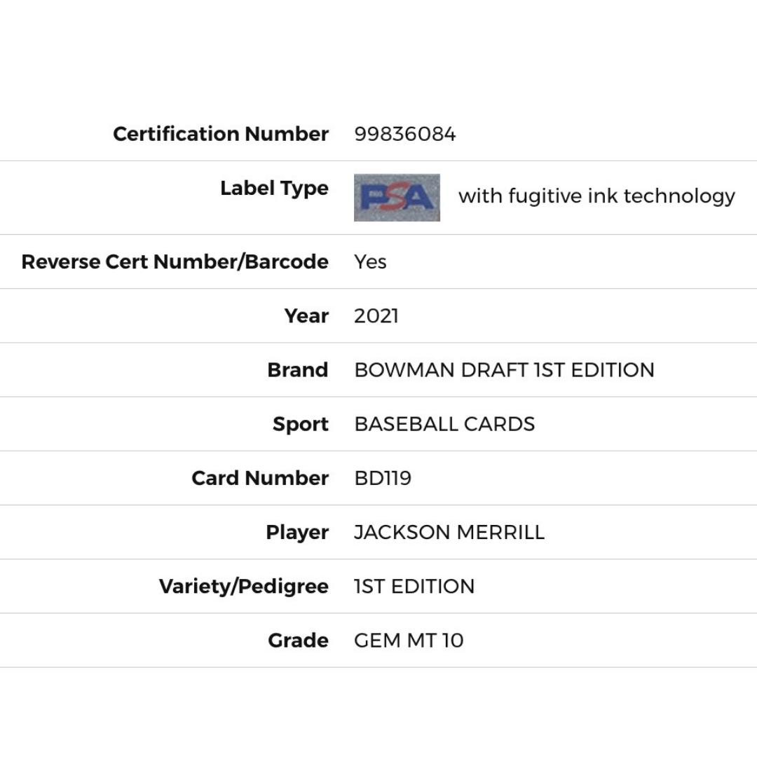 Jackson Merrill PSA 10 2021 Bowman Draft 1st Edition Card #BD119 (JM1)
