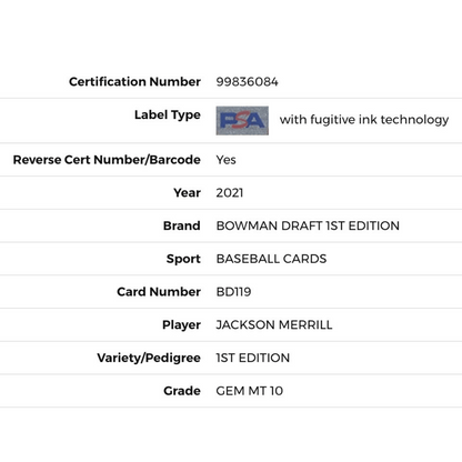 Jackson Merrill PSA 10 2021 Bowman Draft 1st Edition Card #BD119 (JM1)