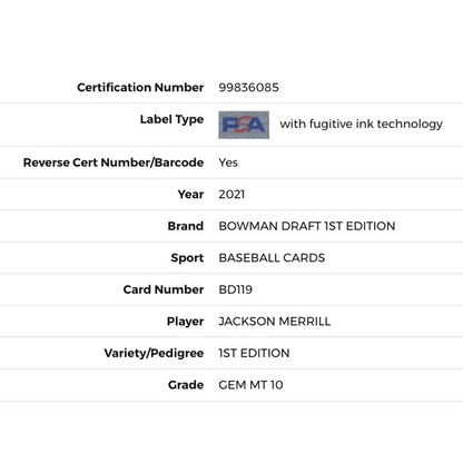 Jackson Merrill PSA 10 2021 Bowman Draft 1st Edition Card #BD119 (JM2)