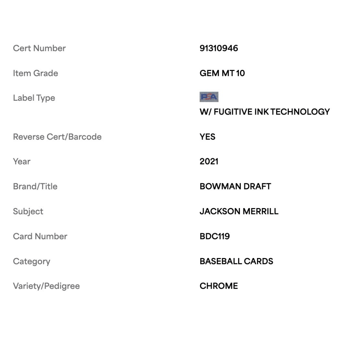Jackson Merrill PSA 10 2021 Bowman Draft Chrome Card #BDC119