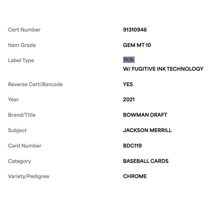 Jackson Merrill PSA 10 2021 Bowman Draft Chrome Card #BDC119
