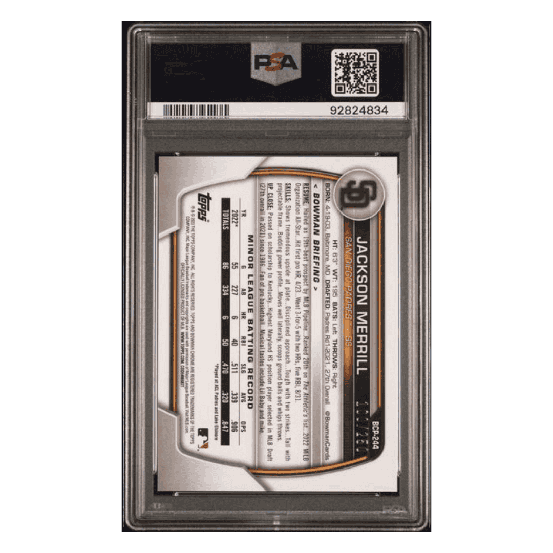 Jackson Merrill PSA 10 2023 Topps Bowman Chrome Prospects Purple Shimmer Card #BCP244