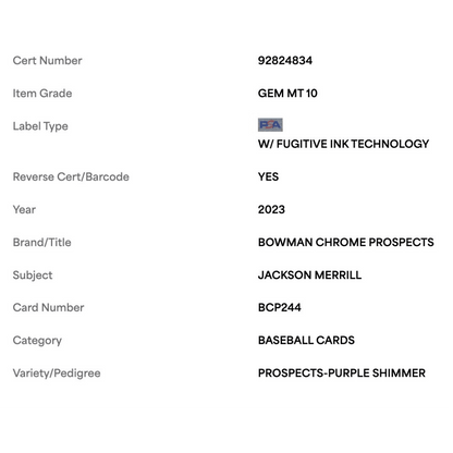 Jackson Merrill PSA 10 2023 Topps Bowman Chrome Prospects Purple Shimmer Card #BCP244