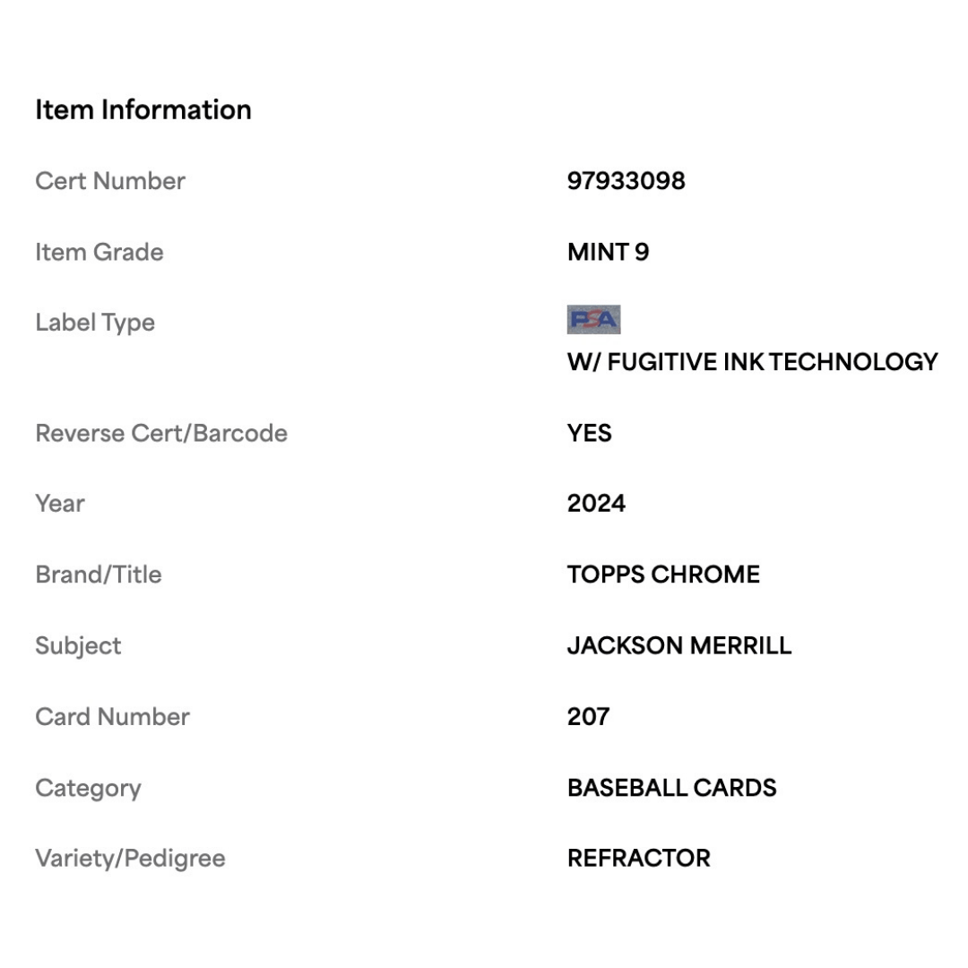 Jackson Merrill PSA 9 2024 Topps Chrome Refractor Card #207