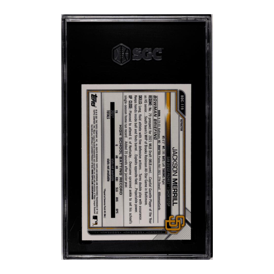 Jackson Merrill SGC 9.5 2021 Bowman Chrome Draft Chrome Refractor Rookie RC Card #BDC-119