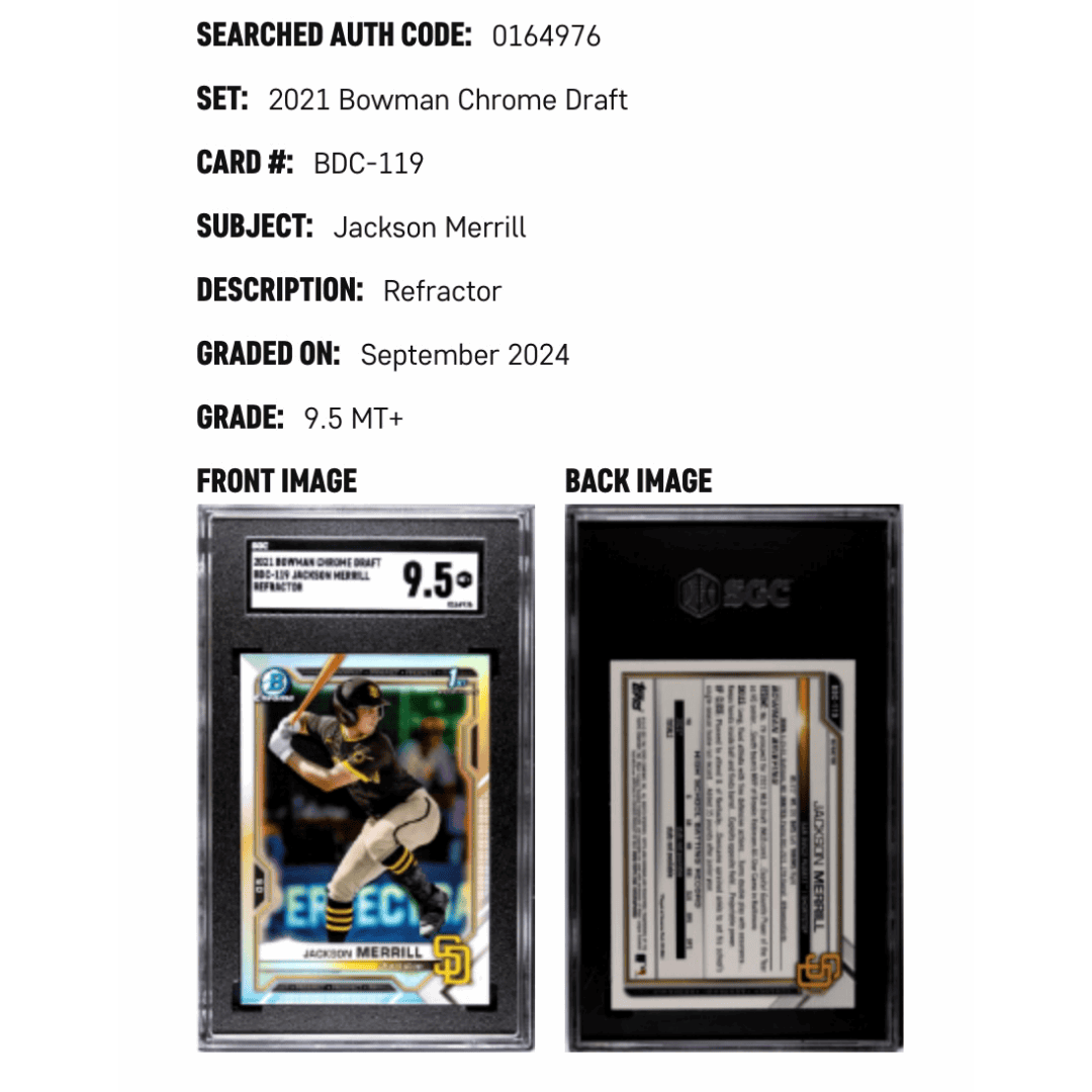 Jackson Merrill SGC 9.5 2021 Bowman Chrome Draft Chrome Refractor Rookie RC Card #BDC-119