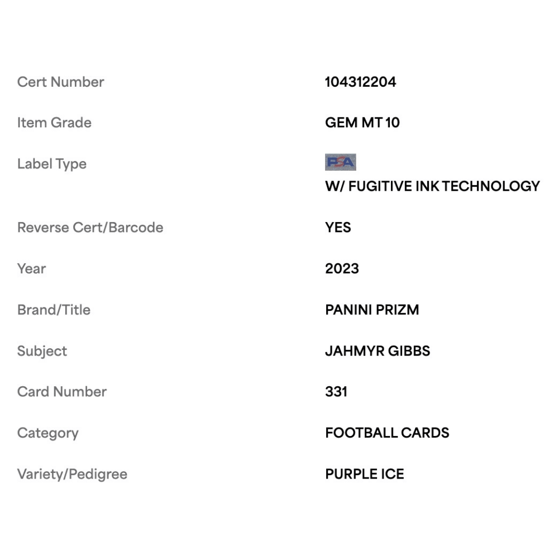 Jahmyr Gibbs PSA 10 2023 Panini Prizm Purple Ice Rookie RC #d/ 225 Card #331