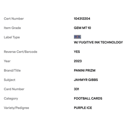 Jahmyr Gibbs PSA 10 2023 Panini Prizm Purple Ice Rookie RC #d/ 225 Card #331