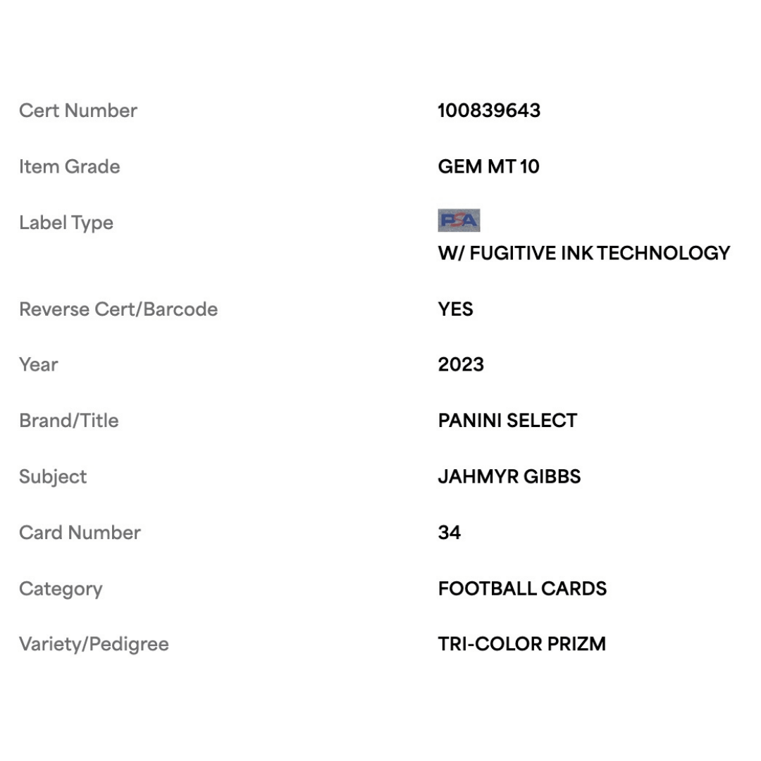 Jahmyr Gibbs PSA 10 2023 Panini Select Tri Color Prizm Rookie RC #d /259 Card #34