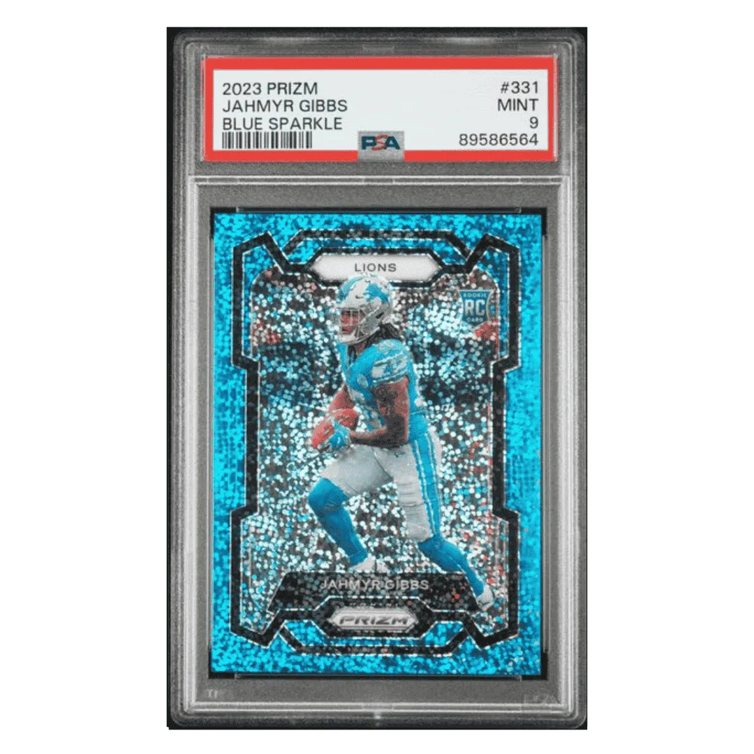 Jahmyr Gibbs PSA 9 2023 Panini Prizm Blue Sparkle Rookie RC #d/ 96 Card #331