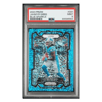 Jahmyr Gibbs PSA 9 2023 Panini Prizm Blue Sparkle Rookie RC #d/ 96 Card #331