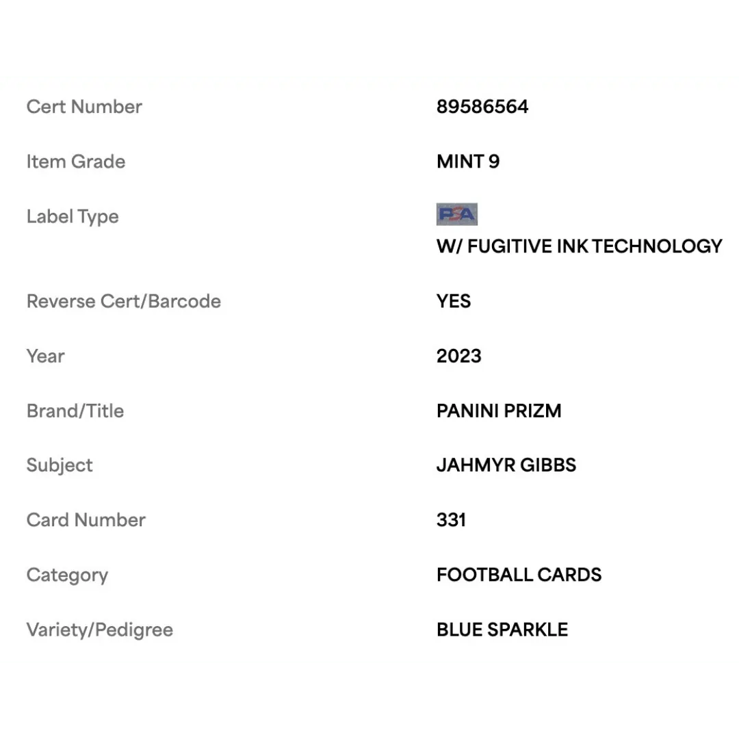 Jahmyr Gibbs PSA 9 2023 Panini Prizm Blue Sparkle Rookie RC #d/ 96 Card #331