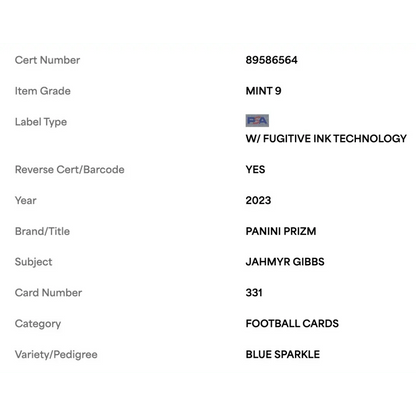 Jahmyr Gibbs PSA 9 2023 Panini Prizm Blue Sparkle Rookie RC #d/ 96 Card #331