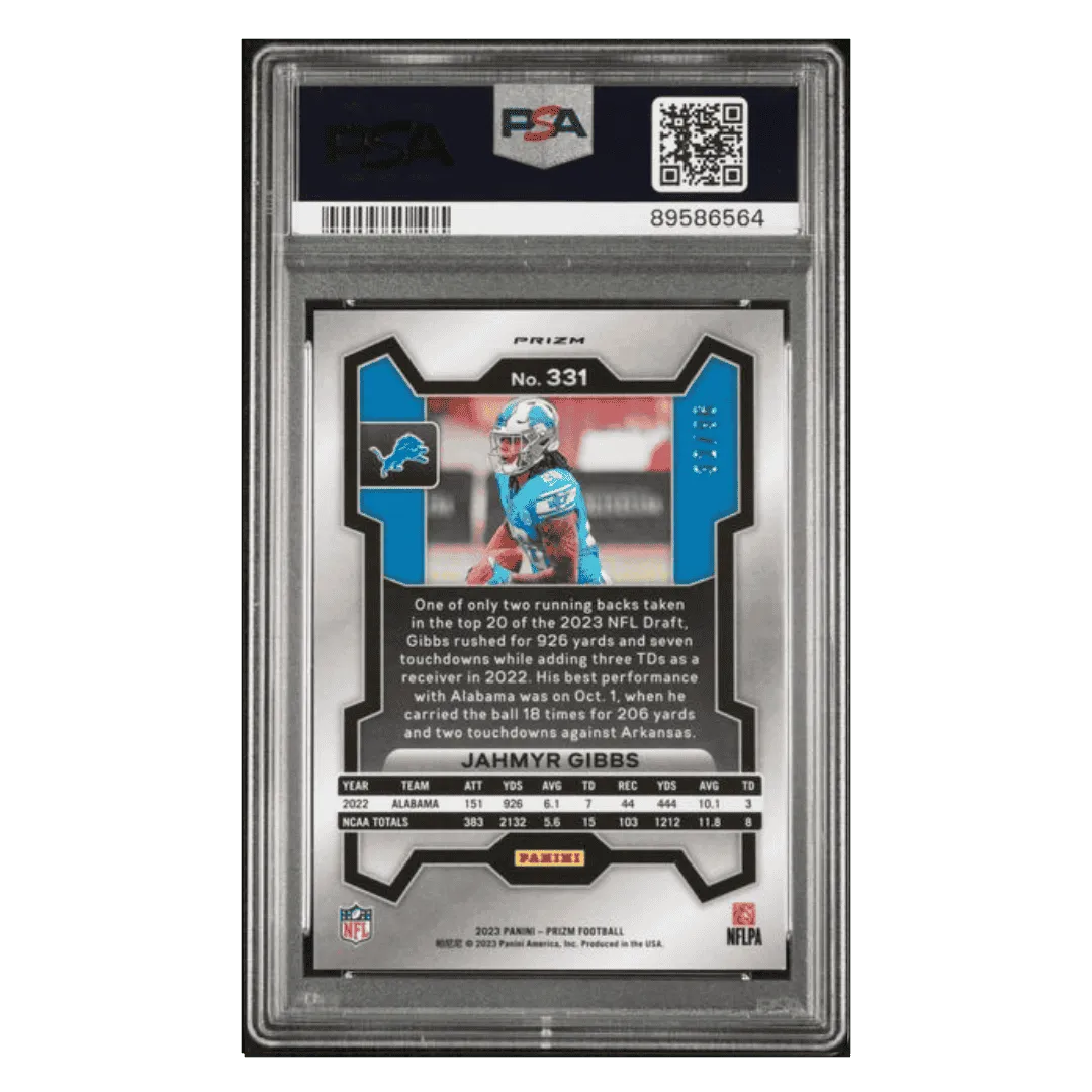 Jahmyr Gibbs PSA 9 2023 Panini Prizm Blue Sparkle Rookie RC #d/ 96 Card #331