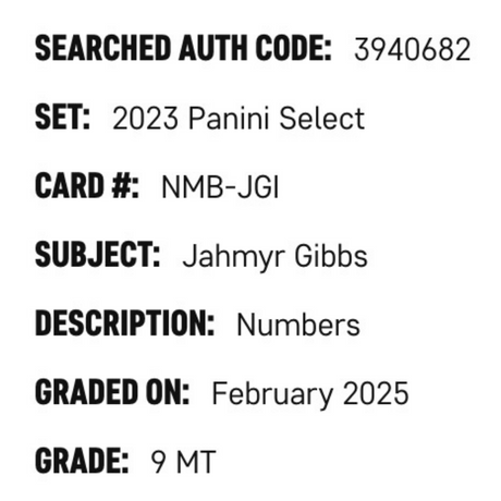 Jahmyr Gibbs SGC 9 2023 Panini Select Numbers Rated Rookie Card #NMB-JGI