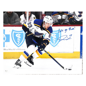 Jake Neighbours St Louis Blues Autographed Away Uniform 16x20 Photo with Inscription- Fan Cave COA