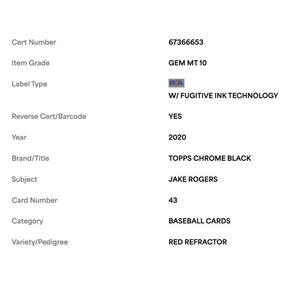 Jake Rogers PSA 10 2020 Topps Chrome Black Red Refractor Card #43