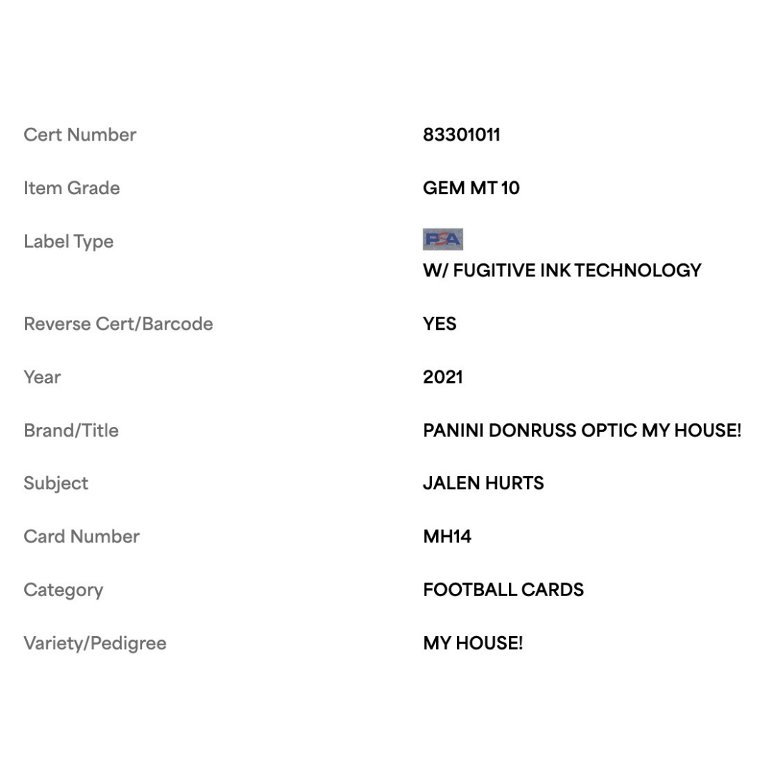 Jalen Hurts PSA 10 2021 Panini Donruss Optic My House! Card #MH14