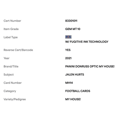 Jalen Hurts PSA 10 2021 Panini Donruss Optic My House! Card #MH14