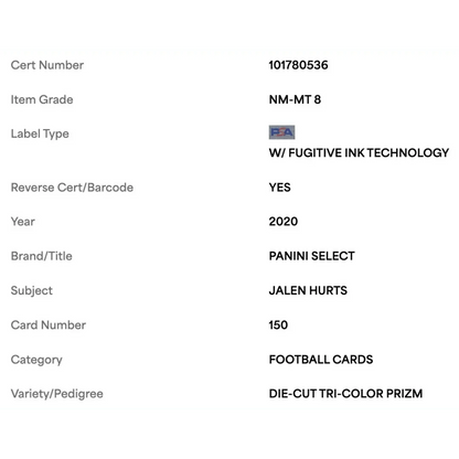 Jalen Hurts PSA 8 2020 Panini Select Die Cut Tri Color Prizm Rookie RC Card #150