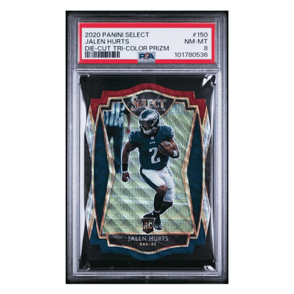 Jalen Hurts PSA 8 2020 Panini Select Die Cut Tri Color Prizm Rookie RC Card #150