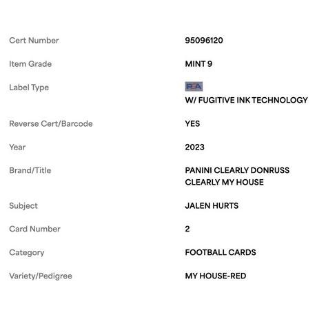 Jalen Hurts PSA 9 2023 Panini Clearly Donruss My House Red #d /100 Card #2