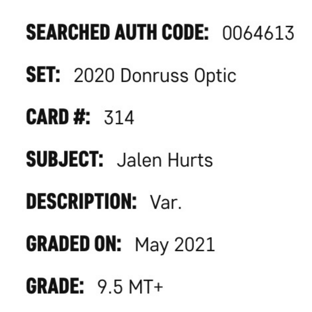 Jalen Hurts SGC 9.5 2020 Panini Donruss Optic Variation Rated Rookie Card #314