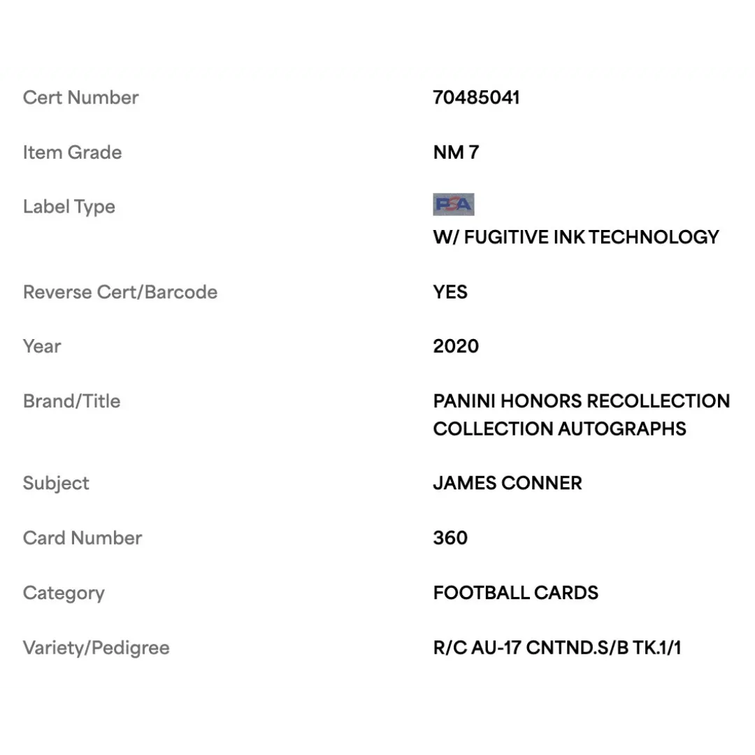 James Conner PSA 7 2020 Panini Honors Recollection Collection Autographs #1/1 Card #360