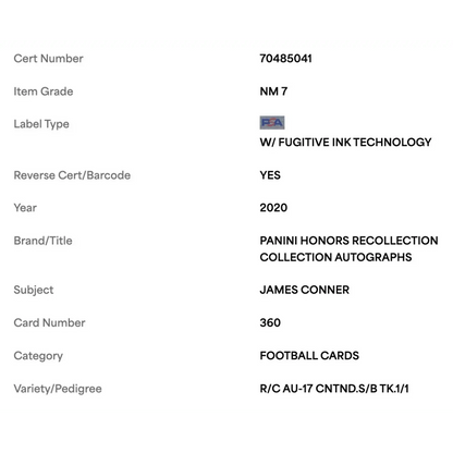 James Conner PSA 7 2020 Panini Honors Recollection Collection Autographs #1/1 Card #360