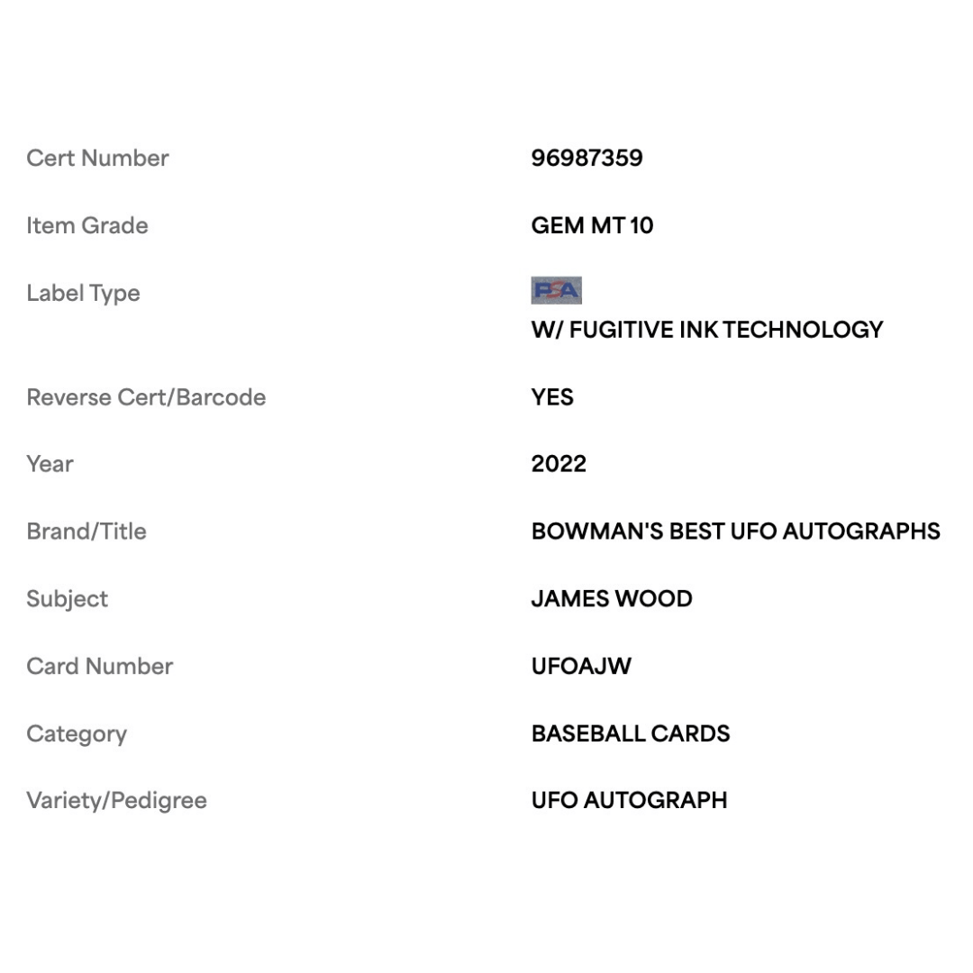 James Wood PSA 10 2022 Bowman's Best UFO Autograph #d/250 Card #UFOAJW