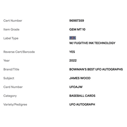 James Wood PSA 10 2022 Bowman's Best UFO Autograph #d/250 Card #UFOAJW