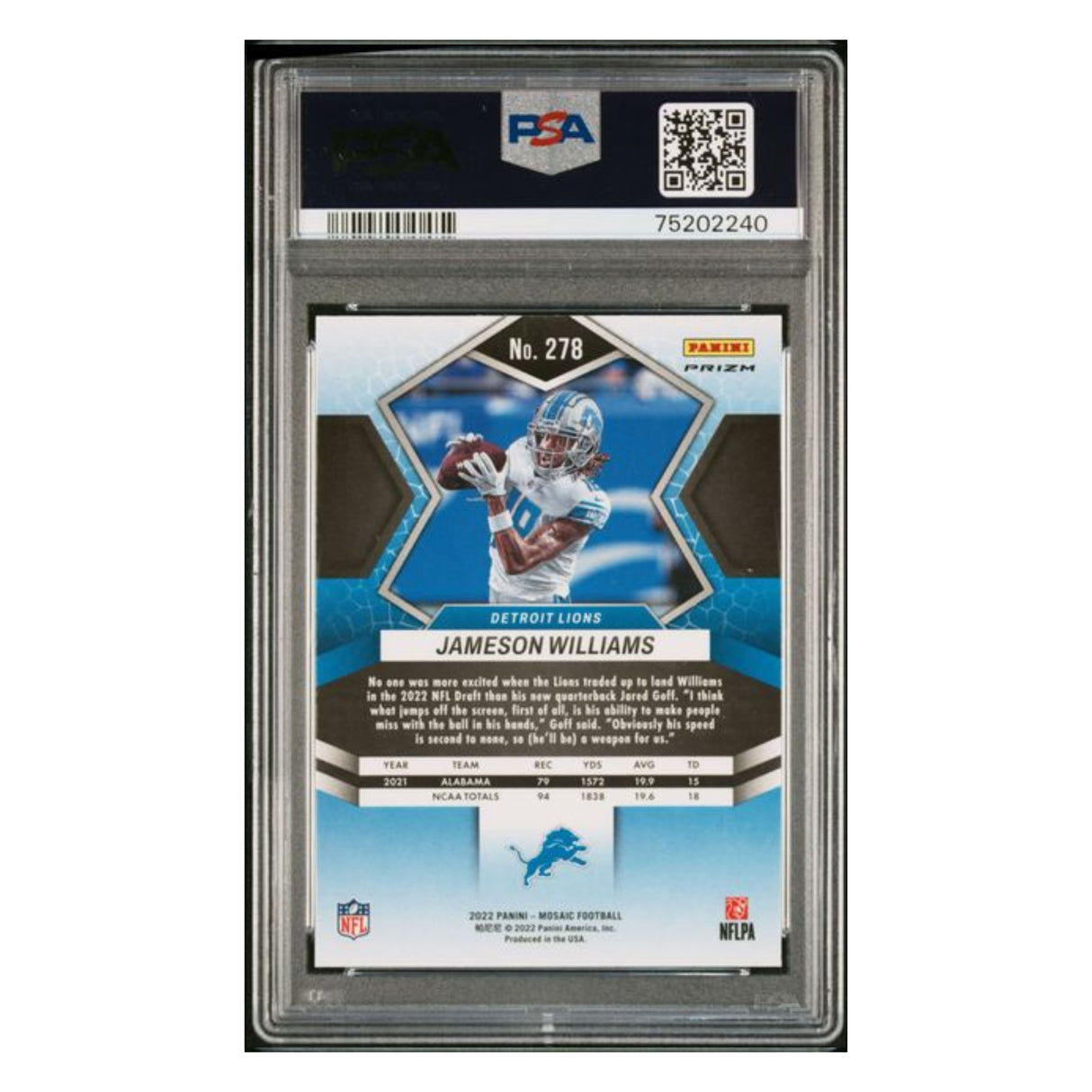 Jameson Williams PSA 10 2022 Panini Mosaic No Huddle Silver Rookie RC Card #278