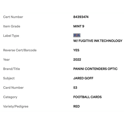 Jared Goff PSA 9 2022 Panini Contenders Optic Red #d/ 175 Card #53