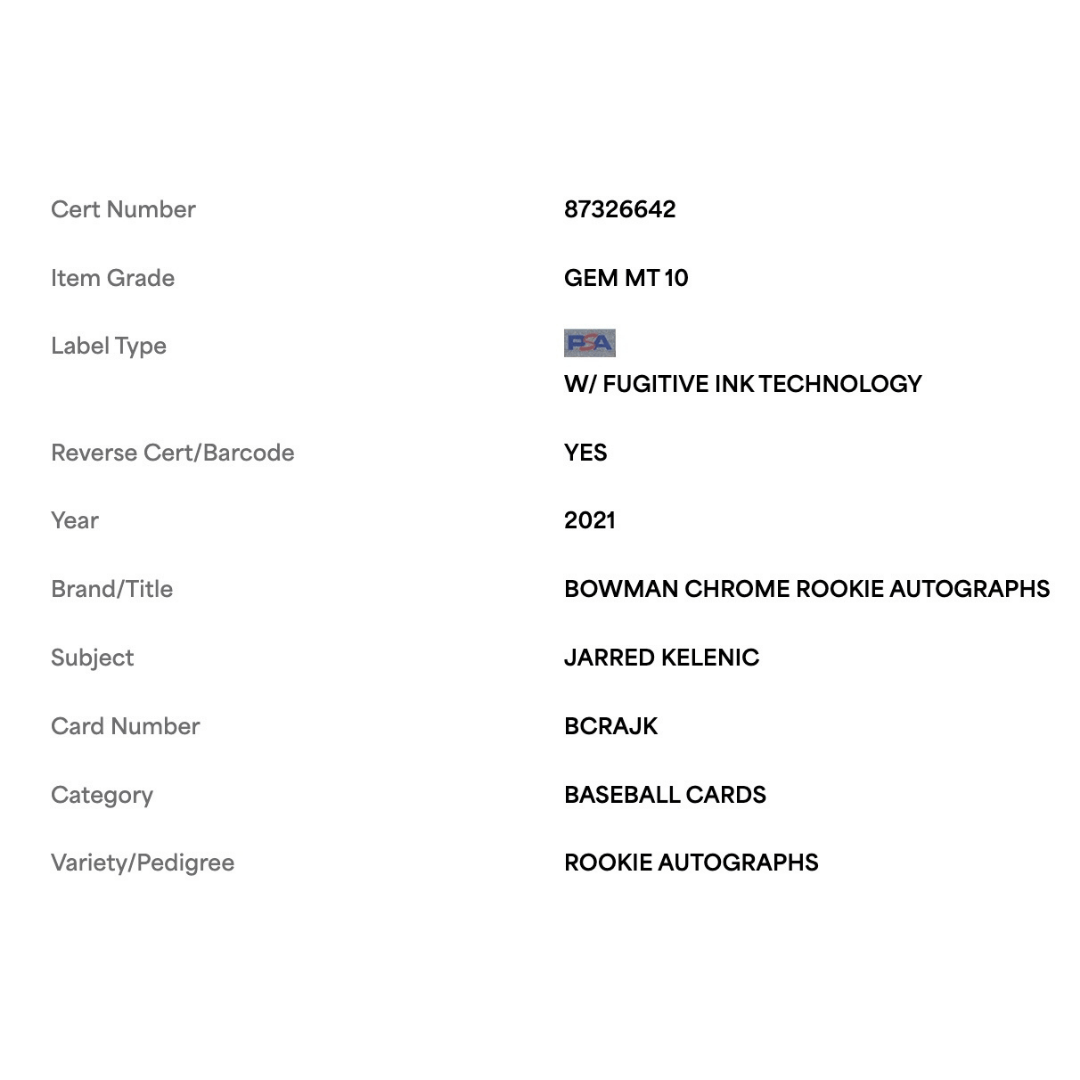 Jarred Kelenic PSA 10 2021 Topps Bowman Chrome Rookie Autographs Card #BCRAJK