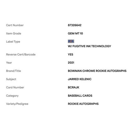 Jarred Kelenic PSA 10 2021 Topps Bowman Chrome Rookie Autographs Card #BCRAJK